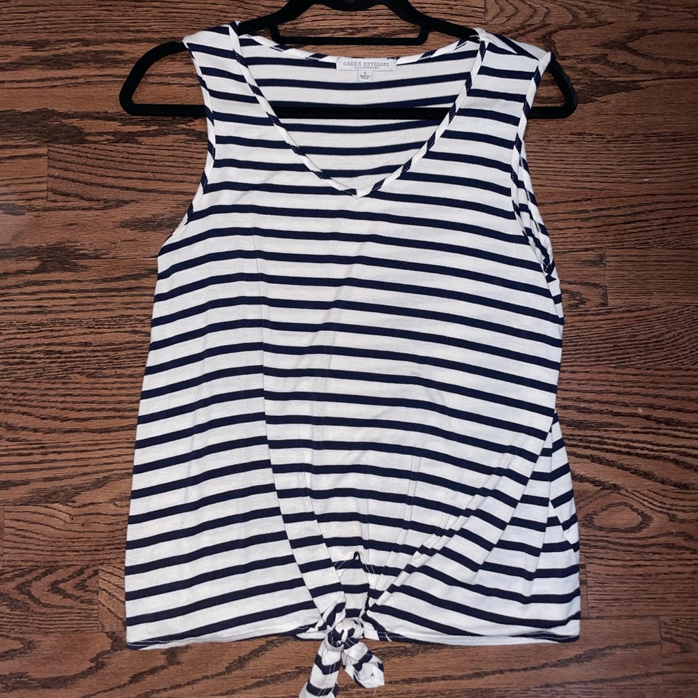 Green Envelope navy and white striped tank top